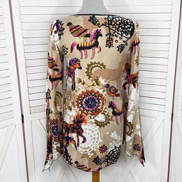Mystery Mexican Print Smocked Top Bell Sleeve Tunic Shirt Tan Multi Medium - Picture 4 of 13